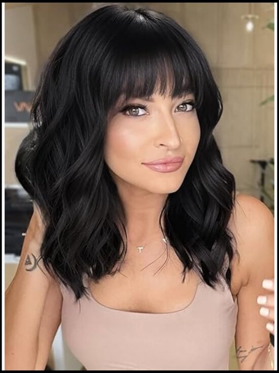 Curly Bob Wig with Bangs Natural Looking Heat Resistant Synthetic Hair for Women
